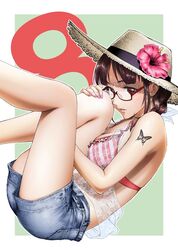  akizuki_ritsuko bad_id bad_pixiv_id bare_legs bare_shoulders bikini bikini_top_only blue_shorts blush braid breasts butterfly_tattoo cleavage denim denim_shorts feet_out_of_frame female fingernails flower frilled_bikini frills from_side glasses green_background hair_over_shoulder hat hat_flower hibiscus idolmaster idolmaster_(classic) kawamura_kazuma knees_to_chest leaning legs_up long_fingernails long_hair looking_to_the_side medium_breasts nail_polish pink_flower pink_nails reclining red-framed_eyewear red_eyes see-through semi-rimless_eyewear short_shorts shorts shoulder_tattoo single_braid solo straw_hat striped_bikini striped_clothes sun_hat swimsuit tattoo under-rim_eyewear 