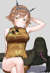  artist_name breasts brown_hair china_dress chinese_clothes commentary_request curry_soba dress feet_out_of_frame female floral_print gold_dress grey_background hairband headgear highres kantai_collection komodo_dragon looking_at_viewer mutsu_(kancolle) short_hair simple_background sitting solo yellow_eyes 