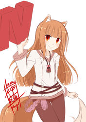  animal_ears belt brown_hair brown_legwear closed_mouth commentary_request cowboy_shot female highres hime_cut holding holo jewelry kan&#039;nagi_(vtk7710) long_hair long_sleeves looking_at_viewer multiple_belts necklace pants red_eyes shirt signature simple_background smile solo spice_and_wolf standing tail thigh_gap white_background white_shirt wolf_ears wolf_girl wolf_tail 