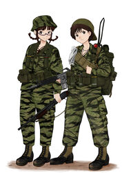  2girls akizuki_ritsuko ammunition_pouch backpack backwards_hat bag bandolier baseball_cap boonie_hat boots braid brown_eyes brown_hair camouflage canteen character_request colt_commando combat_boots commentary_request cross explosive flashlight glasses grenade gun hat highres idolmaster idolmaster_(classic) ithaca_m37 jewelry kikuchi_makoto komii load_bearing_equipment military military_uniform multiple_girls neckerchief necklace plastic_bag pouch pump_action radio radio_antenna radio_handset radio_transceiver short_hair shotgun smoke_grenade tropical_camouflage twin_braids uniform united_states_army vietnam weapon 