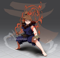  :t aura beads brown_hair dougi female full_body fusion glowing glowing_eyes gouki jeffrey_cruz kill_la_kill mankanshoku_mako prayer_beads rope serious short_hair simple_background sleeveless solo street_fighter topknot 