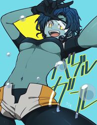  :d aqua_skin blue_gloves blue_hair blue_pantyhose boku_no_hero_academia boots breasts bubble_girl_(boku_no_hero_academia) character_name commentary_request crop_top diving_mask female gloves goggles groin highres medium_breasts midriff navel open_fly open_mouth pantyhose roduyan_sousaku short_hair short_sleeves shorts smile solo superhero_costume teeth translated underboob white_footwear white_shorts yellow_eyes 