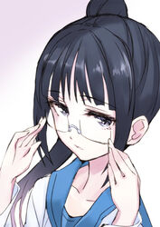  adjusting_eyewear black_hair bonyari_high_school_uniform collarbone female glasses hands highres long_eyelashes long_hair looking_at_viewer matsuryuu miyamoto_ruri nisekoi ponytail portrait school_uniform serafuku shirt simple_background solo source_request white_background white_shirt 