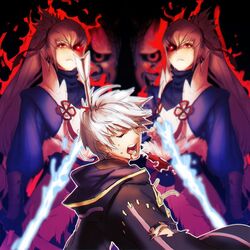  2boys bleeding cloak defeated demon_eyes fire_emblem fire_emblem:_kakusei fire_emblem_heroes fire_emblem_if hairband highres japanese_clothes looking_at_viewer male_my_unit_(fire_emblem:_kakusei) multiple_boys my_unit_(fire_emblem:_kakusei) nintendo takumi_(fire_emblem_if) toned torn_clothes white_hair 