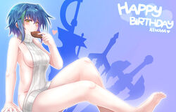  arkfield armpits backless_dress backless_outfit bare_arms bare_legs bare_shoulders barefoot blue_hair blush breasts candy chocolate commentary_request dress female food food_in_mouth from_side green_hair groin happy_birthday heart heart-shaped_chocolate high_school_dxd looking_at_viewer looking_to_the_side medium_breasts meme_attire multicolored_hair short_hair sideboob smile solo streaked_hair sweater_vest two-tone_hair virgin_killer_sweater xenovia_quarta yellow_eyes 