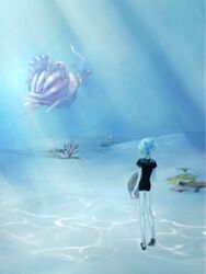  1other androgynous aqua_hair blue_hair commentary_request female gem_uniform_(houseki_no_kuni) houseki_no_kuni monster_girl phosphophyllite pink_hair scenery tentacle toooka underwater ventricosus 