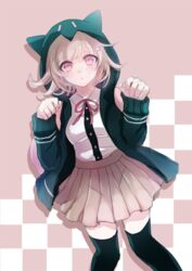  animal_ears black_thighhighs chiko_(d04099) commentary_request danganronpa_(series) danganronpa_2:_goodbye_despair fake_animal_ears female flipped_hair galaga hair_ornament hairclip hood hoodie medium_hair nanami_chiaki pink_eyes pink_hair short_hair solo thighhighs zettai_ryouiki 