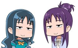  2girls :3 bad_id bad_pixiv_id blue_hair brooch commentary_request futari_wa_precure_splash_star hair_bun haiteku half_updo heart heart_brooch heartcatch_precure! in-franchise_crossover jewelry jitome kurumi_erika long_hair mishou_mai multiple_girls partial_commentary precure purple_hair simple_background single_hair_bun smug upper_body white_background 