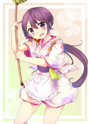  akebono_(kancolle) akebono_(new_year_mode)_(kancolle) apron bad_id bad_pixiv_id bell blush broom female floral_print flower furrowed_brow fuuen_(akagaminanoka) hair_bell hair_flower hair_ornament japanese_clothes jingle_bell kantai_collection kimono long_hair looking_at_viewer maid official_alternate_costume open_mouth purple_eyes purple_hair short_kimono side_ponytail solo tasuki very_long_hair wa_maid waist_apron wavy_mouth 