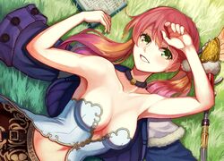  armpits atelier_(series) atelier_escha_&amp;_logy bare_shoulders book breasts choker collarbone commentary_request escha_malier female grass green_eyes highres lying medium_breasts pink_hair reimaco short_hair smile solo twintails unworn_clothes wand 