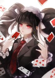  black_hair bonnet bow card celestia_ludenberg chiko_(d04099) claw_ring commentary_request danganronpa:_trigger_happy_havoc danganronpa_(series) drill_hair female gothic_lolita lolita_fashion long_hair long_sleeves nail_polish necktie playing_card red_eyes solo twin_drills 