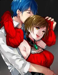  1boy adam&#039;s_apple akujiki_musume_conchita_(vocaloid) armpits arms_around_neck arms_around_waist arms_up banica_conchita bare_shoulders blue_hair blue_necktie breasts brown_eyes brown_hair carlos_marlon chef choker closed_eyes commentary_request couple detached_sleeves dress drug_of_gold_(vocaloid) evillious_nendaiki eyelashes female fingernails flower hair_flower hair_ornament head_kiss hug hug_from_behind itoko_(i_t_k) jewelry kaito_(vocaloid) large_breasts lips looking_up meiko_(vocaloid) necktie red_dress rose short_hair smile straight vocaloid 