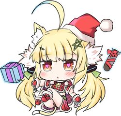  ahoge animal_ears azur_lane bailingxiao_jiu belt black_panties blonde_hair blush boots box brown_eyes cat_ears cat_girl cat_tail chibi commentary_request eldridge_(azur_lane) eldridge_(holy_night&#039;s_embrace)_(azur_lane) female full_body fur-trimmed_boots fur-trimmed_mittens fur_trim gift gift_box gift_wrapping green_belt hair_ornament hairclip hat heart heart-shaped_pupils kemonomimi_mode kneehighs long_hair looking_at_viewer mittens official_alternate_costume panties parted_lips red_footwear red_hat red_mittens red_shirt red_skirt santa_hat shirt sidelocks simple_background skirt socks solo symbol-shaped_pupils tail torpedo twintails underwear very_long_hair white_background white_socks 