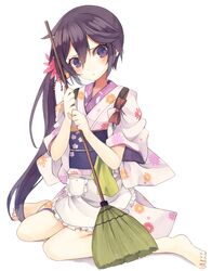  :&lt; akebono_(kancolle) akebono_(new_year_mode)_(kancolle) apron bare_legs barefoot bell blush broom commentary_request female flower frown full_body hair_bell hair_flower hair_ornament japanese_clothes jingle_bell kantai_collection kimono long_hair looking_at_viewer official_alternate_costume purple_eyes purple_hair short_kimono short_sleeves shugao side_ponytail simple_background sitting solo tasuki very_long_hair waist_apron wariza white_background 