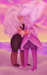  2017 alien alien_humanoid beach cartoon_network fusion gem gem_(species) hair hi_res humanoid itoruna jasper_(steven_universe) not_furry pink_body pink_diamond_(steven_universe) pink_hair pink_skin rose_quartz_universe seaside smile steven_universe 