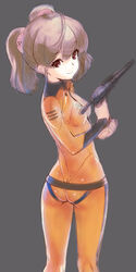  ass bodysuit brown_eyes brown_hair cosmo_dragoon energy_gun female gun highres kawata_hisashi misaki_yuria orange_bodysuit ray_gun science_fiction simple_background smile solo twintails uchuu_senkan_yamato uchuu_senkan_yamato_2199 weapon 