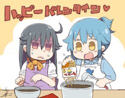  2girls :d ahoge apron bad_food black_hair blue_hair blush bowl chocolate commentary_request cooking facebook facebook-san food hashtag holding holding_food ladle long_hair multiple_girls open_mouth personification ponytail red_eyes shaded_face signature smile snack sweatdrop translated tsukigi twitter twitter-san twitter-san_(character) valentine yellow_eyes 