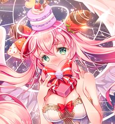  angel angel_wings arms_at_sides bad_id bad_pixiv_id bare_shoulders box breasts cherry chocolate cleavage close-up corset covered_mouth eighth_note feathered_wings female food food-themed_hair_ornament fruit green_eyes hair_between_eyes hair_ornament halo hands_up heart heart-shaped_box holding holding_box large_breasts long_hair looking_at_viewer macaron musical_note original pink_hair solo strawberry sweets tobi_(mue86) upper_body valentine wafer_stick wings 