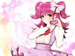  aikatsu! aikatsu!_(series) blush bow commentary_request dress female hairbow heart heart_hands hitoto long_hair looking_at_viewer minowa_hikari purple_eyes smile solo sweatdrop two_side_up 