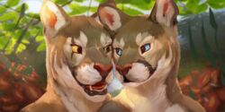  absurd_res anthro blindcoyote blue_eyes cougar digital_media_(artwork) duo felid feline female green_eyes heterochromia hi_res huge_filesize male mammal nude open_mouth outside skan_drake skanita_drake smile yellow_sclera 