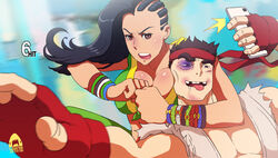  1boy asymmetrical_hair battle black_eye black_hair breast_press breasts broken_teeth bruise cellphone cleavage cornrows cuts female headband headlock injury laura_matsuda phone ryuu_(street_fighter) self_shot sharknob smile street_fighter street_fighter_v tongue_out 