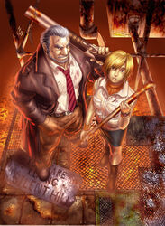  1boy age_difference blonde_hair breasts commentary_request douglas_cartland female gun heather_mason jacket miniskirt njay photoshop_(medium) short_hair shotgun silent_hill_(series) silent_hill_3 skirt sleeveless sleeveless_turtleneck smile turtleneck vest watch weapon wristband 