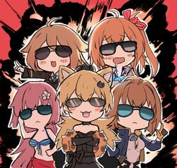  5girls :&lt; :3 :d adjusting_eyewear ahoge alternate_costume animal_ears bikini bikini_top_only bomber_jacket cat_ears commentary diamond_(gemstone) drooling explosion ganesagi girls&#039;_frontline gloves grizzly_mkv_(girls&#039;_frontline) hair_ornament idw_(cat_in_the_box)_(girls&#039;_frontline) idw_(girls&#039;_frontline) jacket kalina_(girls&#039;_frontline) m1918_(girls&#039;_frontline) multiple_girls ntw-20_(girls&#039;_frontline) ntw-20_(op._blazing_sun)_(girls&#039;_frontline) official_alternate_costume open_mouth pointy_ears sarong smile sunglasses swimsuit tinted_eyewear v-shaped_eyebrows 