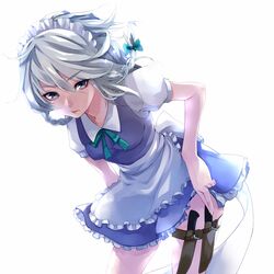  bad_id bad_pixiv_id braid female grey_hair holster izayoi_sakuya knife maid_headdress ribbon settyaro short_hair simple_background solo thigh_strap touhou twin_braids weapon_in_garters white_background white_hair 