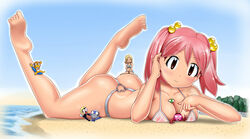  2girls angol_mois ass beach bikini breasts brown_eyes dororo giantess giroro heart hinata_natsumi kazu-chan keroro keroro_gunsou kururu looking_at_viewer lying multiple_girls o-ring_bikini o-ring_bottom on_stomach petite pink_hair sand short_hair size_difference sky swimsuit tamama 