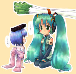  2girls aqua_hair bad_id bad_pixiv_id bare_shoulders binchou-tan binchou-tan_(character) black_legwear blue_eyes blue_hair blush bow coal cosplay crossover detached_sleeves eye_contact green_eyes hatsune_miku headset highres large_bow long_hair looking_at_another multiple_girls necktie object_on_head photoshop_(medium) short_hair simple_background sitting spring_onion suppy tareme thighhighs translated twintails v_arms very_long_hair vocaloid wariza zettai_ryouiki 