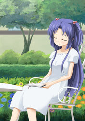  blue_hair book chair clannad closed_eyes commentary_request female flower hair_bobbles hair_ornament highres ichinose_kotomi long_hair shizupu sitting sleeping table two_side_up 