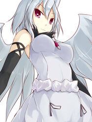  angel_wings breasts commentary_request dress elbow_gloves engi_threepiece female gloves jewelry kuro_(be_ok) long_hair looking_at_viewer medium_breasts pendant purple_eyes simple_background solo symbol-shaped_pupils white_background white_hair wings yumekui_merry 