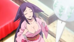  animated animated breasts closed_eyes female japanese_clothes kimono large_breasts long_hair mushibugyou oharu_(mushibugyou) purple_hair solo standing yukata 