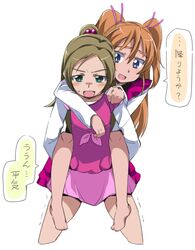  2girls :d alternate_legwear barefoot blue_eyes bow carrying commentary_request cropped_legs green_eyes green_hair haiteku half_updo hand_on_shoulder houjou_hibiki long_hair minamino_kanade multiple_girls open_mouth orange_hair pantyhose partial_commentary piggyback pink_bow precure see-through see-through_legwear simple_background smile suite_precure translated trembling two_side_up white_background 