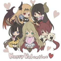  5girls animal_ears arisa_(shadowverse) black_gloves black_hair black_wings blonde_hair blue_eyes blush boots bow box breasts brown_hair cape cerberus_(shingeki_no_bahamut) chocolate closed_mouth commentary_request dark_angel_olivia dog_ears draph elf forte_(shingeki_no_bahamut) frown gift gift_box gloves green_eyes hair_ornament hair_ribbon hand_puppet heart heart-shaped_box highres horns long_hair looking_at_viewer medium_breasts moon_al-mi&#039;raj multiple_girls one_eye_closed pointy_ears puppet red_eyes red_hair ribbon shadowverse shingeki_no_bahamut single_horn skirt smile tachikawa_mushimaro twintails valentine white_background wings 