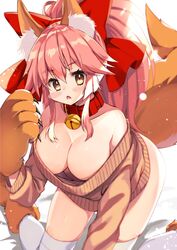  animal_ear_fluff animal_ears animal_hands bad_id bad_twitter_id bare_shoulders bell breasts claws cleavage collar downblouse fate/grand_order fate_(series) female fox_ears fox_tail gloves hair_between_eyes hair_ribbon hand_up hanging_breasts high_ponytail highres honoka_chiffon jingle_bell kneeling large_breasts long_hair long_sleeves looking_at_viewer no_bra no_pants off-shoulder_sweater off_shoulder open_mouth paw_gloves pink_hair red_collar red_ribbon ribbon simple_background solo sweater tail tamamo_(fate) tamamo_cat_(fate) thighhighs thighs white_background white_thighhighs yellow_eyes 