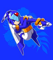  android bad_id bad_twitter_id blue_background blue_eyes crop_top fairy_leviathan_(mega_man) female full_body gloves helmet high_heels highres hugging_own_legs legs_together mega_man_(series) mega_man_zero_(series) omeehayo simple_background smile solo thighhighs white_gloves 