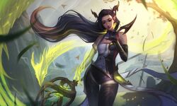  absurdres alternate_costume bare_shoulders bridal_gauntlets closed_eyes facing_viewer female glowing glowing_hair highres janna_(league_of_legends) league_of_legends long_hair looking_down pointy_ears solo thigh_gap thighs vincent_t_(oriaarts) 