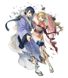  1boy alfonse_(fire_emblem) alfonse_(new_year)_(fire_emblem) argon_(exys) blonde_hair blue_eyes blue_hair braid brother_and_sister crown_braid female fire_emblem fire_emblem_heroes floral_print full_body gradient_clothes gradient_hair green_eyes hair_ornament highres japanese_clothes kimono long_hair low-tied_long_hair multicolored_hair non-web_source obi official_art pink_hair sandals sash sharena_(fire_emblem) sharena_(new_year)_(fire_emblem) short_hair siblings tabi tied_hair torn_clothes torn_kimono transparent_background wide_sleeves 