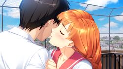  1boy black_hair blue_sky blush braid closed_eyes cloud collarbone collared_shirt day doukyuusei female game_cg highres long_hair nishina_kurumi open_mouth orange_hair outdoors profile red_sailor_collar rooftop sailor_collar sailor_shirt shirt sky sumeragi_kohaku white_shirt 