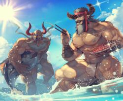  2boys abs alternate_costume bald bara beard blue_sky bulge cloud cloudy_sky commentary draph erune facial_hair feet_out_of_frame fish ghandagoza granblue_fantasy hair_ornament headband horns large_pectorals long_beard male_focus male_swimwear mature_male moustache multiple_boys muscular muscular_male navel navel_hair nipples official_alternate_costume open_mouth outdoors pectorals redluck rybiok short_hair sky smile sparkle summer sun sunglasses sunlight swim_briefs thick_thighs thighs topless_male water 