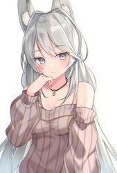  animal_ear_fluff animal_ears bad_id bad_pixiv_id bare_shoulders breasts brown_sweater closed_mouth collarbone commentary_request female grey_eyes grey_hair hair_between_eyes hair_intakes hand_up long_hair long_sleeves looking_at_viewer medium_breasts off-shoulder_sweater off_shoulder original puffy_long_sleeves puffy_sleeves ribbed_sweater rotmico simple_background smile solo sweater very_long_hair white_background 