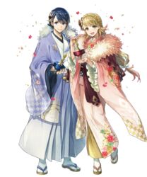  1boy alfonse_(fire_emblem) alfonse_(new_year)_(fire_emblem) argon_(exys) blonde_hair blue_eyes blue_hair brother_and_sister female fire_emblem fire_emblem_heroes floral_print full_body gradient_clothes gradient_hair green_eyes hair_ornament highres holding japanese_clothes kimono long_hair looking_at_viewer low-tied_long_hair multicolored_hair non-web_source obi official_art open_mouth pink_hair sandals sash sharena_(fire_emblem) sharena_(new_year)_(fire_emblem) short_hair siblings standing tabi tied_hair transparent_background white_legwear wide_sleeves 