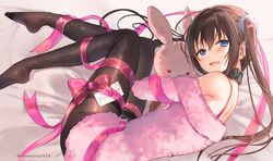  bare_shoulders bed_sheet black_pantyhose blue_eyes brown_hair collar commentary_request feet female fur hair_ornament hanekoto hugging_doll hugging_object imouto_(hanekoto) long_hair looking_at_viewer looking_to_the_side lying no_shoes off-shoulder_shirt off_shoulder on_side open_mouth original pantyhose pink_shirt plantar_flexion red_ribbon ribbon shirt sidelocks smile solo stuffed_animal stuffed_rabbit stuffed_toy thighband_pantyhose twintails twitter_username 