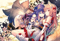  2girls :q all_fours animal_ears bare_shoulders black_legwear blue_eyes blue_hair breasts commentary_request detached_sleeves fox_ears fox_girl fox_tail garter_straps japanese_clothes kimono kitsune large_breasts long_hair long_sleeves looking_at_viewer luanastia_fluegel multiple_girls multiple_tails obi original panties panty_peek parted_lips pink_hair red_eyes rianastia_flugel riichu sandals sash smile tail thighhighs thighs tongue tongue_out underwear white_kimono white_legwear zouri 