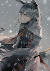  absurdres animal_ears arknights cape commentary dutch_angle english_commentary female frostnova_(arknights) grey_cape grey_eyes grey_hair grey_shirt grey_sky hair_ornament hair_over_one_eye hairclip highres holding holding_knife knife lips open_mouth orange_ribbon outdoors rabbit_ears ribbon shirt sky snow solo tadatsu upper_body 