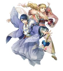  1boy alfonse_(fire_emblem) alfonse_(new_year)_(fire_emblem) argon_(exys) arm_up blonde_hair blue_eyes blue_hair braid brother_and_sister crown_braid female fire_emblem fire_emblem_heroes floral_print full_body gradient_clothes gradient_hair green_eyes hair_ornament highres japanese_clothes kimono long_hair low-tied_long_hair multicolored_hair non-web_source obi official_art pink_hair sandals sash sharena_(fire_emblem) sharena_(new_year)_(fire_emblem) short_hair siblings tabi tied_hair transparent_background wide_sleeves 