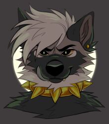  anthro black_body black_ears black_eyebrows black_fur black_nose bust_portrait canid canine canis collar domestic_dog eyebrows fangs front_view fur gold_(metal) gold_collar gold_spikes grey_body grey_fur grey_inner_ear_fluff hi_res inner_ear_fluff keeshond licking licking_lips licking_own_lips looking_at_viewer male mammal metal_collar portrait princely_(princelykaden) princelykaden self_lick simple_background solo spiked_collar spikes spitz tan_sclera tan_teeth teeth tongue tongue_out tuft white_body white_fur 