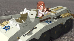  armored_vehicle blush brown_hair camera emblem female girls_und_panzer glasses ground_vehicle highres jerry_can looking_at_viewer looking_to_the_side midriff military military_vehicle navel ooarai_(emblem) ooarai_school_uniform open_mouth ou_taiga school_uniform semi-rimless_eyewear short_twintails shovel solo twintails under-rim_eyewear 