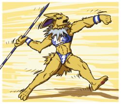  2019 3_toes absurd_res anthro anthrofied athletic athletic_anthro athletic_female barefoot blue_clothing border bottomwear bra breasts claws clothing eeveelution feet female generation_1_pokemon hi_res high_waisted_bottomwear javelin jolteon megawolf77 midriff multicolored_clothing nintendo open_mouth pawpads pink_pawpads plantigrade pokemon pokemon_(species) pokemorph soles solo sports_bra sports_panties sportswear teeth toes tongue two_tone_clothing underwear white_border white_clothing yellow_body 